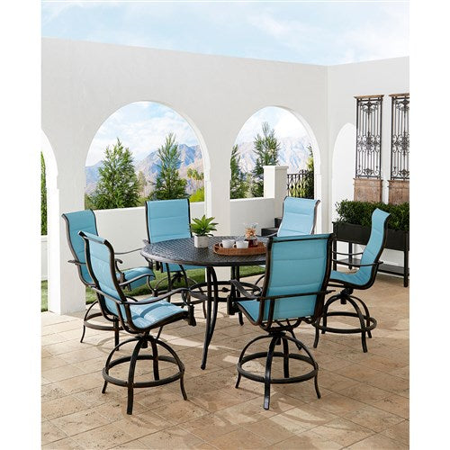 Hanover - Traditions 7pc: 6 Padded Swivel Counter Height Chairs, 56" Round Cast Table - Blue/Bronze-United Backyard