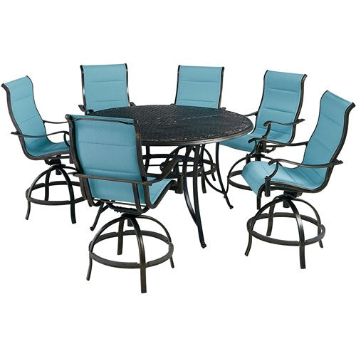 Hanover - Traditions 7pc: 6 Padded Swivel Counter Height Chairs, 56" Round Cast Table - Blue/Bronze-United Backyard