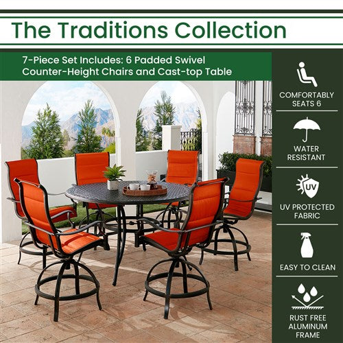 Hanover - Traditions 7pc: 6 Padded Swivel Counter Height Chairs, 56" Round Cast Table - Red/Bronze-United Backyard