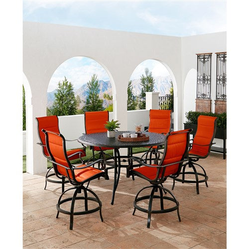 Hanover - Traditions 7pc: 6 Padded Swivel Counter Height Chairs, 56" Round Cast Table - Red/Bronze-United Backyard