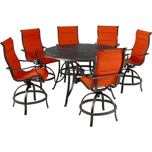 Hanover - Traditions 7pc: 6 Padded Swivel Counter Height Chairs, 56" Round Cast Table - Red/Bronze-United Backyard