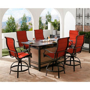 Hanover - Traditions 7pc: 6 Padded Swivel Counter Hght Chairs, Slat Fire Pit Table - Red/Bronze-United Backyard