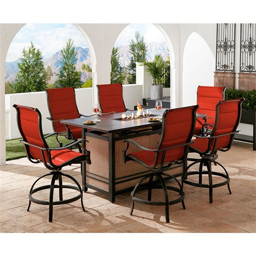 Hanover - Traditions 7pc: 6 Padded Swivel Counter Hght Chairs, Slat Fire Pit Table - Red/Bronze-United Backyard