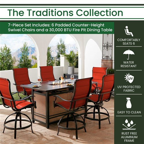 Hanover - Traditions 7pc: 6 Padded Swivel Counter Hght Chairs, Slat Fire Pit Table - Red/Bronze-United Backyard