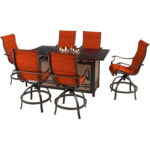 Hanover - Traditions 7pc: 6 Padded Swivel Counter Hght Chairs, Slat Fire Pit Table - Red/Bronze-United Backyard