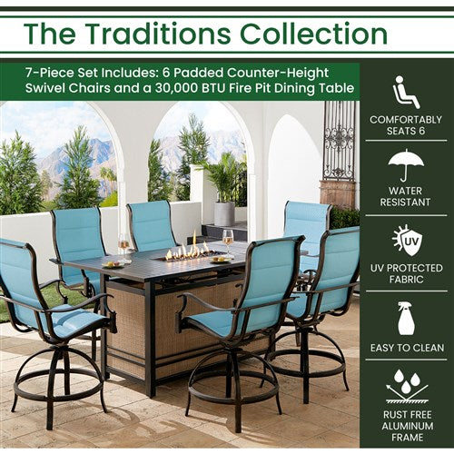 Hanover - Traditions 7pc: 6 Padded Swivel Counter High Chairs, Slat Fire Pit Table - Blue/Bronze-United Backyard