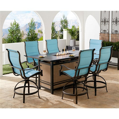 Hanover - Traditions 7pc: 6 Padded Swivel Counter High Chairs, Slat Fire Pit Table - Blue/Bronze-United Backyard