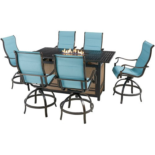 Hanover - Traditions 7pc: 6 Padded Swivel Counter High Chairs, Slat Fire Pit Table - Blue/Bronze-United Backyard