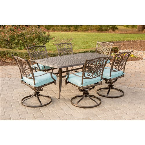 Hanover - Traditions 7pc: 6 Swivel Rockers, 38x72" Cast Table - Blue/Cast-United Backyard