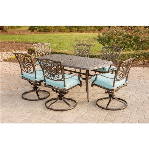 Hanover - Traditions 7pc: 6 Swivel Rockers, 38x72" Cast Table - Blue/Cast-United Backyard