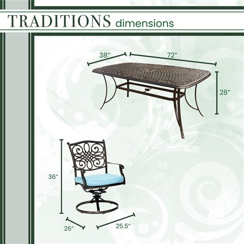 Hanover - Traditions 7pc: 6 Swivel Rockers, 38x72" Cast Table - Blue/Cast-United Backyard