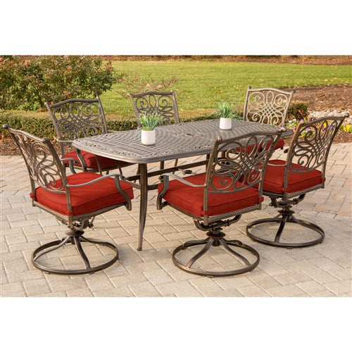 Hanover - Traditions 7pc: 6 Swivel Rockers, 38x72" Cast Table - Red/Cast-United Backyard
