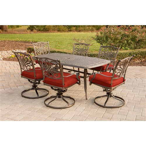 Hanover - Traditions 7pc: 6 Swivel Rockers, 38x72" Cast Table - Red/Cast-United Backyard