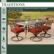 Hanover - Traditions 7pc: 6 Swivel Rockers, 38x72" Cast Table - Red/Cast-United Backyard