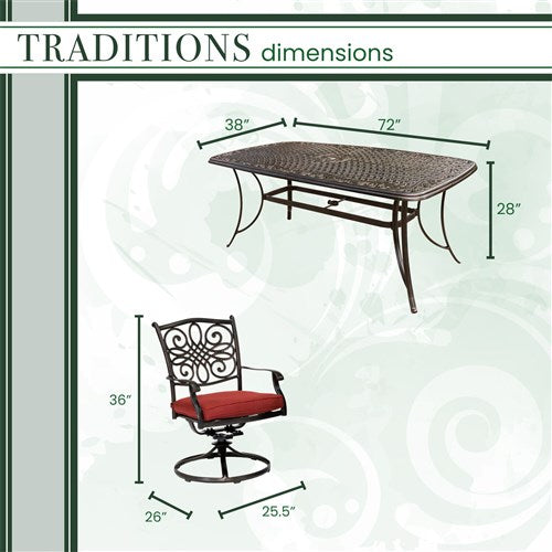 Hanover - Traditions 7pc: 6 Swivel Rockers, 38x72" Cast Table - Red/Cast-United Backyard