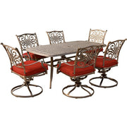 Hanover - Traditions 7pc: 6 Swivel Rockers, 38x72" Cast Table - Red/Cast-United Backyard