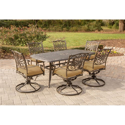 Hanover - Traditions 7pc: 6 Swivel Rockers, 38x72" Cast Table - Tan/Cast-United Backyard