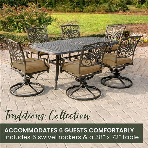 Hanover - Traditions 7pc: 6 Swivel Rockers, 38x72" Cast Table - Tan/Cast-United Backyard