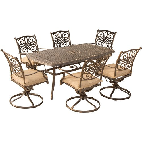 Hanover - Traditions 7pc: 6 Swivel Rockers, 38x72" Cast Table - Tan/Cast-United Backyard