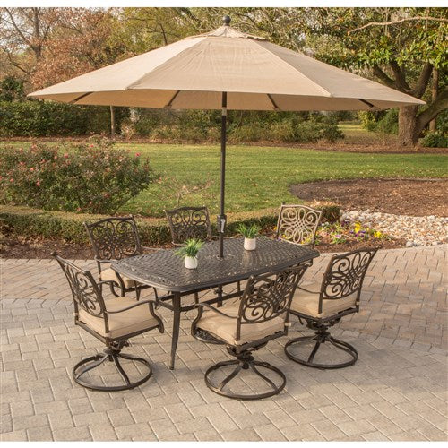 Hanover - Traditions 7pc: 6 Swivel Rockers, 38x72" Cast Table, Umbrella, Base - Tan/Cast-United Backyard