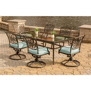 Hanover - Traditions 7pc: 6 Swivel Rockers, 42x84" Glass Top Table - Blue/Glass-United Backyard