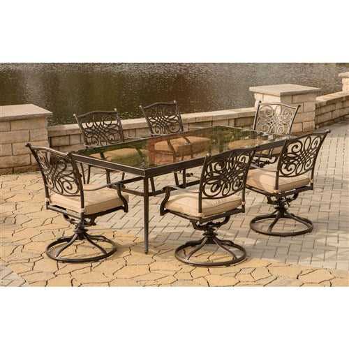 Hanover - Traditions 7pc: 6 Swivel Rockers, 42x84" Glass Top Table - Tan/Glass-United Backyard