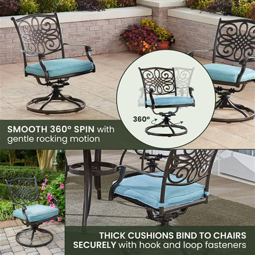 Hanover - Traditions 7pc: 6 Swivel Rockers, 60" Round Cast Table - Blue/Cast-United Backyard