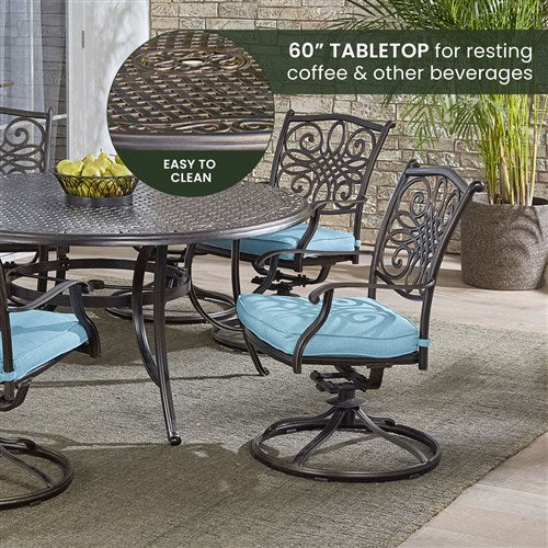 Hanover - Traditions 7pc: 6 Swivel Rockers, 60" Round Cast Table - Blue/Cast-United Backyard