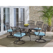 Hanover - Traditions 7pc: 6 Swivel Rockers, 60" Round Cast Table - Blue/Cast-United Backyard