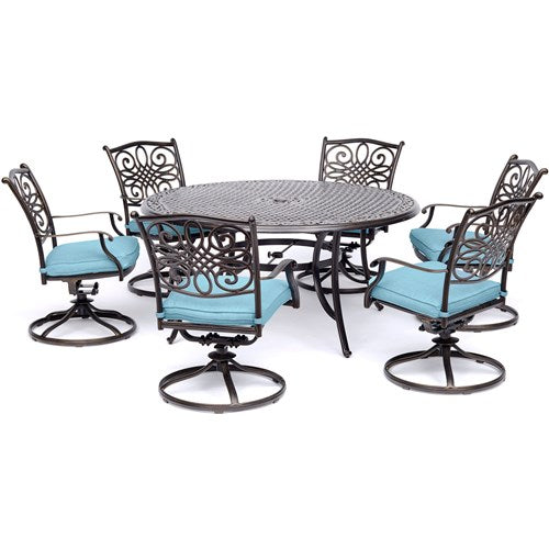 Hanover - Traditions 7pc: 6 Swivel Rockers, 60" Round Cast Table - Blue/Cast-United Backyard