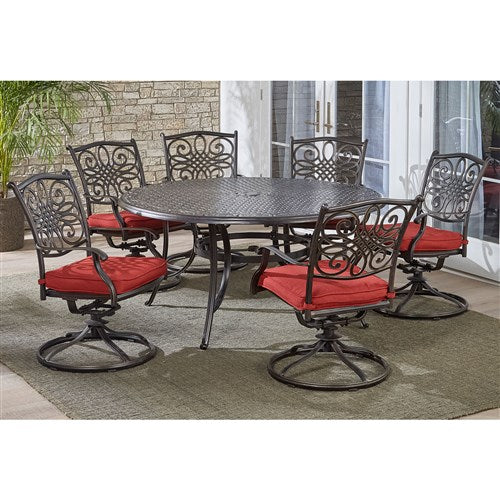 Hanover - Traditions 7pc: 6 Swivel Rockers, 60" Round Cast Table - Red/Cast-United Backyard