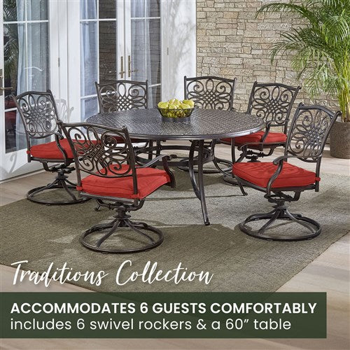 Hanover - Traditions 7pc: 6 Swivel Rockers, 60" Round Cast Table - Red/Cast-United Backyard