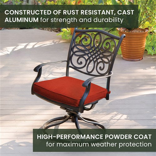 Hanover - Traditions 7pc: 6 Swivel Rockers, 60" Round Cast Table - Red/Cast-United Backyard