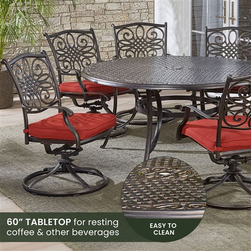 Hanover - Traditions 7pc: 6 Swivel Rockers, 60" Round Cast Table - Red/Cast-United Backyard