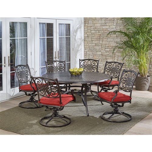 Hanover - Traditions 7pc: 6 Swivel Rockers, 60" Round Cast Table - Red/Cast-United Backyard