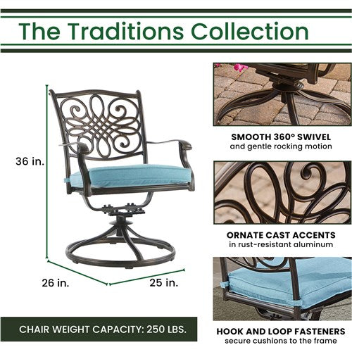 Hanover - Traditions 7pc: 6 Wicker Back Swivel Rockers, 38"x72" Cast Table - Blue/Bronze-United Backyard