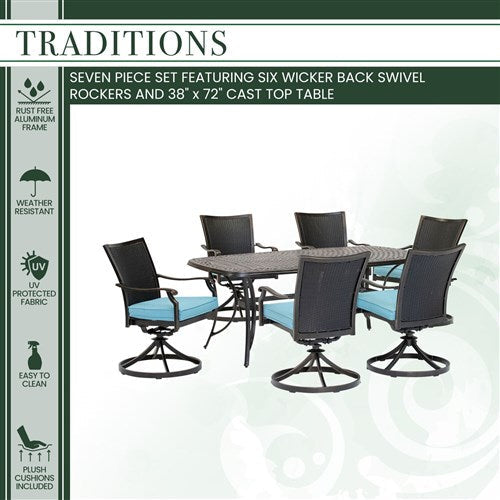 Hanover - Traditions 7pc: 6 Wicker Back Swivel Rockers, 38"x72" Cast Table - Blue/Bronze-United Backyard