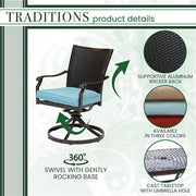 Hanover - Traditions 7pc: 6 Wicker Back Swivel Rockers, 38"x72" Cast Table - Blue/Bronze-United Backyard