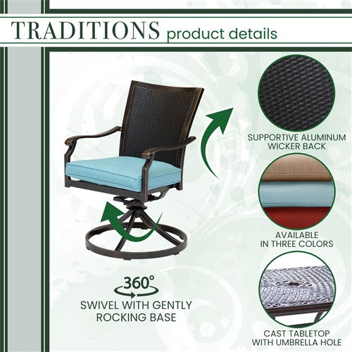 Hanover - Traditions 7pc: 6 Wicker Back Swivel Rockers, 38"x72" Cast Table - Blue/Bronze-United Backyard