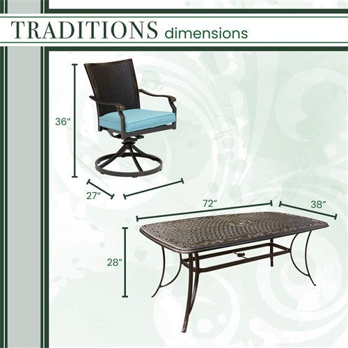 Hanover - Traditions 7pc: 6 Wicker Back Swivel Rockers, 38"x72" Cast Table - Blue/Bronze-United Backyard