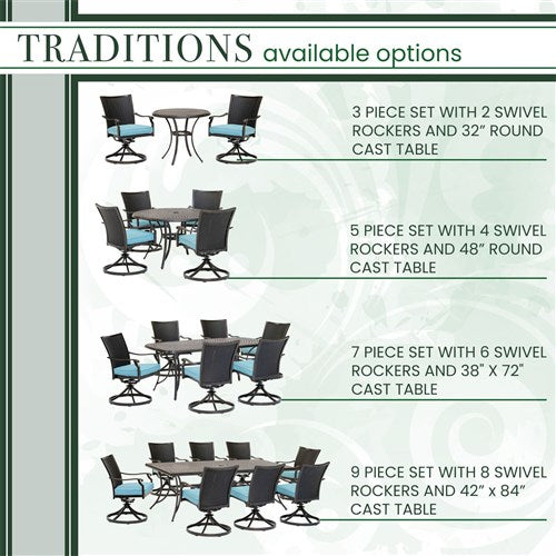 Hanover - Traditions 7pc: 6 Wicker Back Swivel Rockers, 38"x72" Cast Table - Blue/Bronze-United Backyard