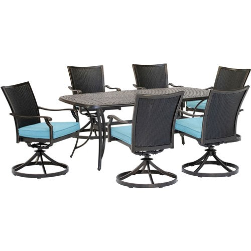 Hanover - Traditions 7pc: 6 Wicker Back Swivel Rockers, 38"x72" Cast Table - Blue/Bronze-United Backyard