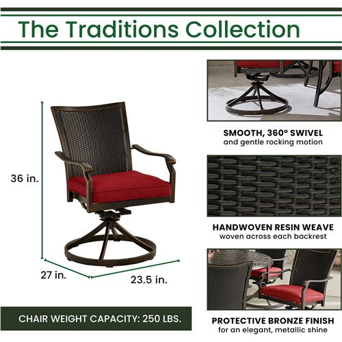 Hanover - Traditions 7pc: 6 Wicker Back Swivel Rockers, 38"x72" Cast Table - Red/Bronze-United Backyard