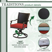 Hanover - Traditions 7pc: 6 Wicker Back Swivel Rockers, 38"x72" Cast Table - Red/Bronze-United Backyard