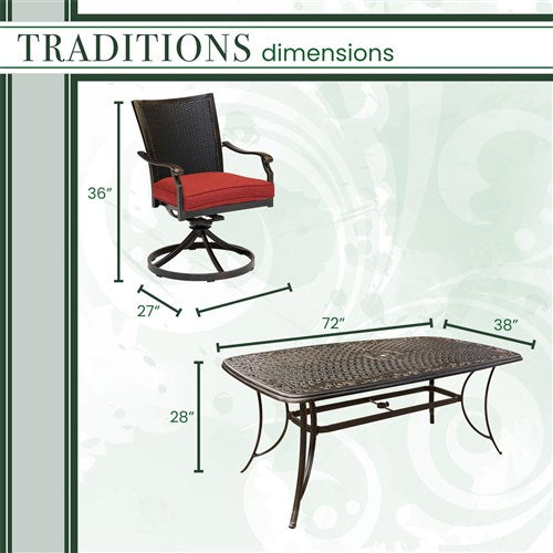 Hanover - Traditions 7pc: 6 Wicker Back Swivel Rockers, 38"x72" Cast Table - Red/Bronze-United Backyard