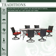 Hanover - Traditions 7pc: 6 Wicker Back Swivel Rockers, 42"x84" Glass Table - Red/Bronze-United Backyard