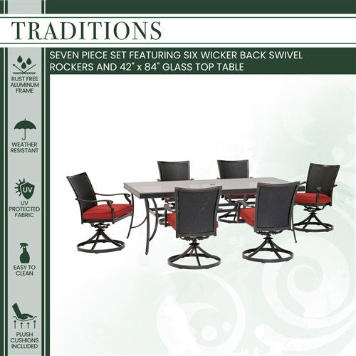 Hanover - Traditions 7pc: 6 Wicker Back Swivel Rockers, 42"x84" Glass Table - Red/Bronze-United Backyard