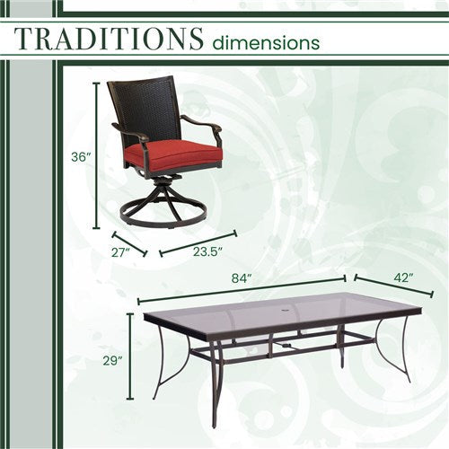 Hanover - Traditions 7pc: 6 Wicker Back Swivel Rockers, 42"x84" Glass Table - Red/Bronze-United Backyard