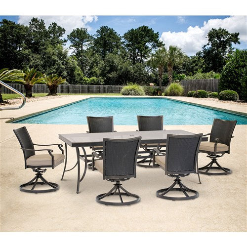 Hanover - Traditions 7pc: 6 Wicker Back Swivel Rockers, 42"x84" Glass Table - Tan/Bronze-United Backyard