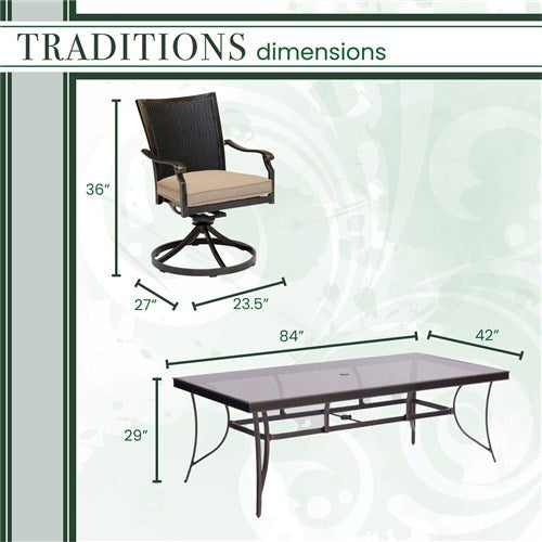 Hanover - Traditions 7pc: 6 Wicker Back Swivel Rockers, 42"x84" Glass Table - Tan/Bronze-United Backyard